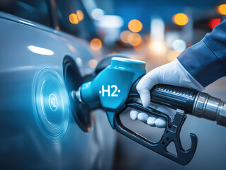 Hydrogen fuel pump in action at a modern refueling station during twilight hours
