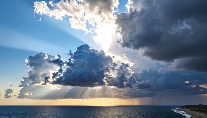 Dramatic Sunset Sky Over The Ocean With Sunbeams Breaking Through Dark Clouds