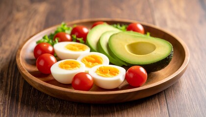 Avocado, boiled eggs and dripping tomatoes on a plate