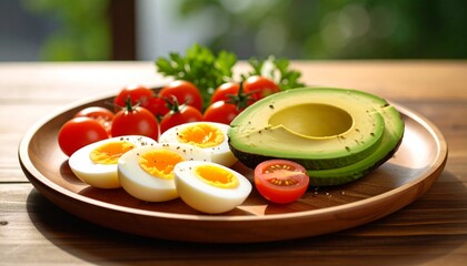 Avocado, boiled eggs and dripping tomatoes on a plate