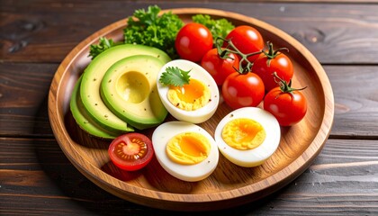 Avocado, boiled eggs and dripping tomatoes on a plate