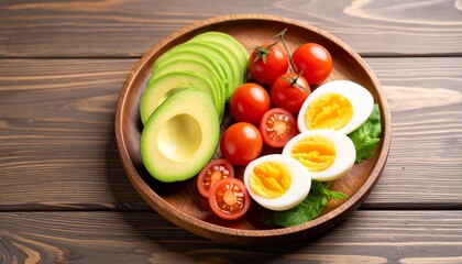 Avocado, boiled eggs and dripping tomatoes on a plate