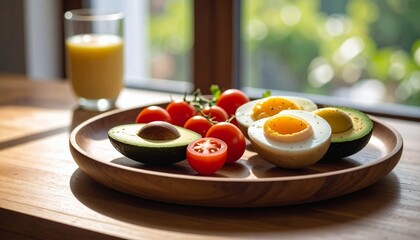 Avocado, boiled eggs and dripping tomatoes on a plate