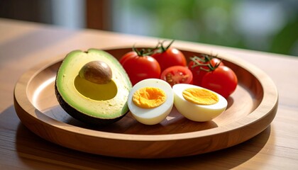 Avocado, boiled eggs and dripping tomatoes on a plate