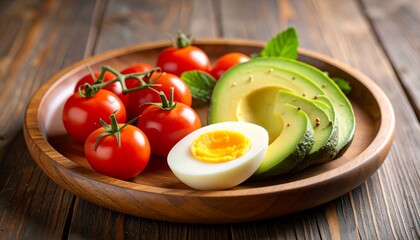 Avocado, boiled eggs and dripping tomatoes on a plate