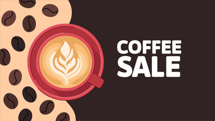 Coffee minimalism banner with coffee beans and cappuccino cup. Coffee advertising banner, landing page, invitation.