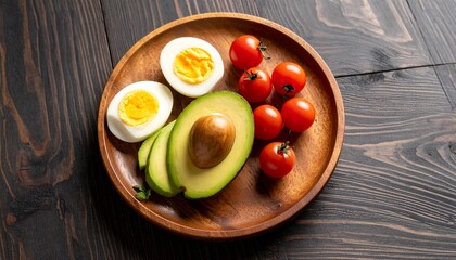 Avocado, boiled eggs and dripping tomatoes on a plate