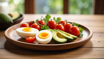 Avocado, boiled eggs and dripping tomatoes on a plate