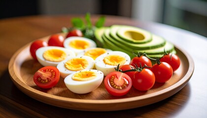 Avocado, boiled eggs and dripping tomatoes on a plate
