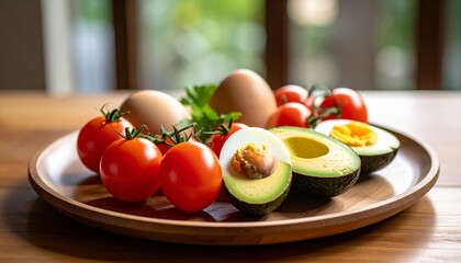 Avocado, boiled eggs and dripping tomatoes on a plate