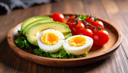 Avocado, boiled eggs and dripping tomatoes on a plate