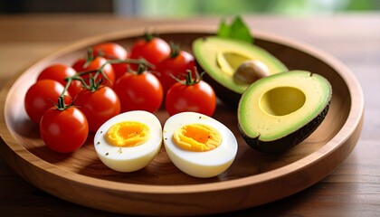 Avocado, boiled eggs and dripping tomatoes on a plate