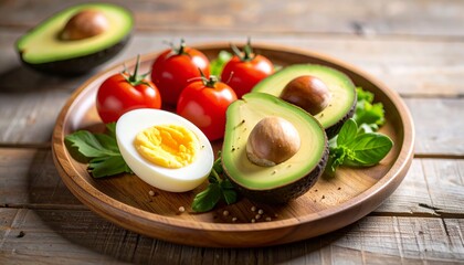 Avocado, boiled eggs and dripping tomatoes on a plate