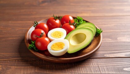 Avocado, boiled eggs and dripping tomatoes on a plate