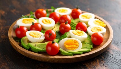 Avocado, boiled eggs and dripping tomatoes on a plate