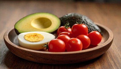 Avocado, boiled eggs and dripping tomatoes on a plate