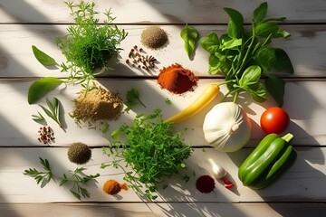 Sustainable kitchen interior, linen cloth, glass jars with spices, fresh herbs, green touches, natural textures