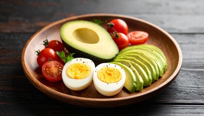 Avocado, boiled eggs and dripping tomatoes on a plate