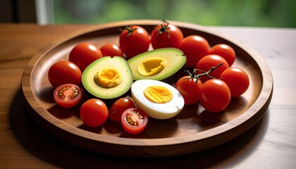 Avocado, boiled eggs and dripping tomatoes on a plate
