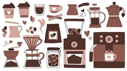 Cartoon doodle coffee devices and set elements. Cups, packages, sugar, coffee beans.