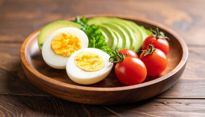 Avocado, boiled eggs and dripping tomatoes on a plate