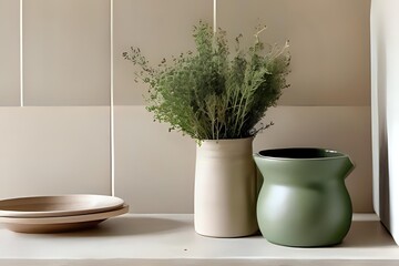 Sustainable kitchen interior, linen cloth, glass jars with spices, fresh herbs, green touches, natural textures