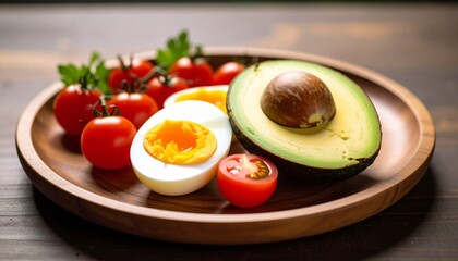 Avocado, boiled eggs and dripping tomatoes on a plate