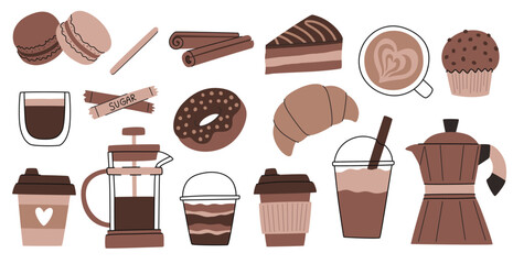 Doodle cartoon gadgets and sweets set. Coffee maker, French press, Turk for brewing coffee, sweets for breakfast, different types of coffee. Limited warm color range.
