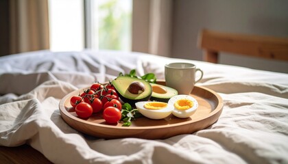 Avocado, boiled eggs and dripping tomatoes on a plate