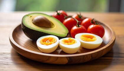 Avocado, boiled eggs and dripping tomatoes on a plate