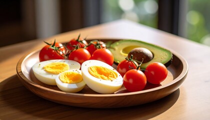 Avocado, boiled eggs and dripping tomatoes on a plate