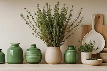 Sustainable kitchen interior, linen cloth, glass jars with spices, fresh herbs, green touches, natural textures
