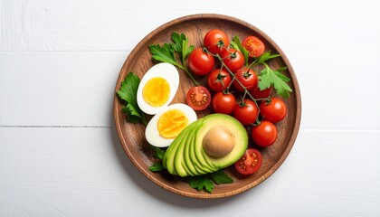 Avocado, boiled eggs and dripping tomatoes on a plate