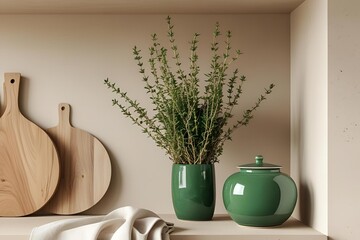 Sustainable kitchen interior, linen cloth, glass jars with spices, fresh herbs, green touches, natural textures