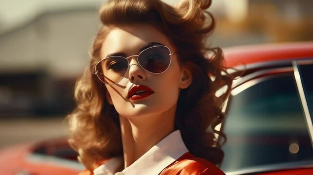 Female model in vintage car promotion, wearing retro sunglasses. Elegant pose for advertising campaign.