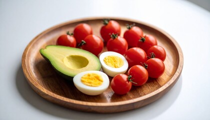 Avocado, boiled eggs and dripping tomatoes on a plate