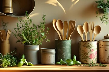 Sustainable kitchen interior, linen cloth, glass jars with spices, fresh herbs, green touches, natural textures
