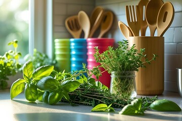 Sustainable kitchen interior, linen cloth, glass jars with spices, fresh herbs, green touches, natural textures