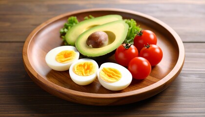 Avocado, boiled eggs and dripping tomatoes on a plate