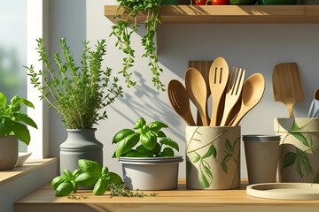 Sustainable kitchen interior, linen cloth, glass jars with spices, fresh herbs, green touches, natural textures