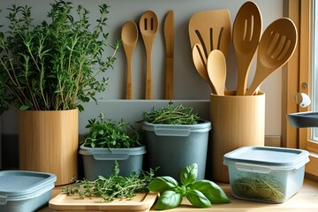 Sustainable kitchen interior, linen cloth, glass jars with spices, fresh herbs, green touches, natural textures