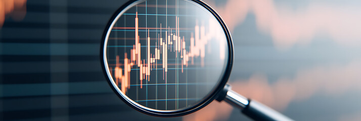 Examining Data: Magnifying glass focuses on a line graph, symbolizing close analysis of trends and patterns, revealing financial insights.