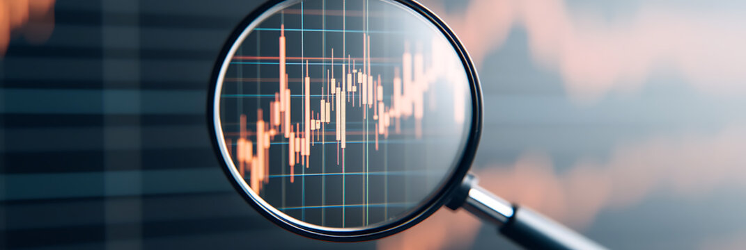 Examining Data: Magnifying glass focuses on a line graph, symbolizing close analysis of trends and patterns, revealing financial insights.