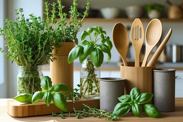 Sustainable kitchen interior, linen cloth, glass jars with spices, fresh herbs, green touches, natural textures