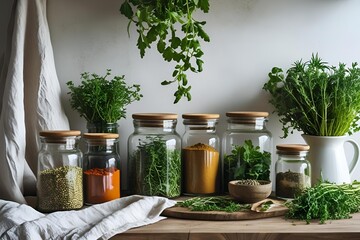 Sustainable kitchen interior, linen cloth, glass jars with spices, fresh herbs, green touches, natural textures