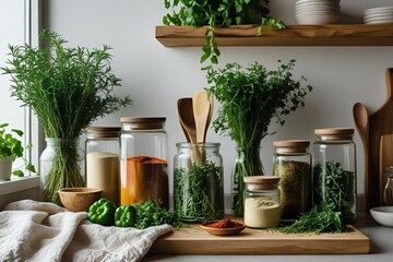 Sustainable kitchen interior, linen cloth, glass jars with spices, fresh herbs, green touches, natural textures