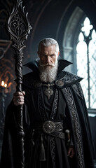 Fantasy portrait of elderly wizard with long white beard wearing ornate black robe and holding elaborate staff, standing in gothic castle interior with arched windows and dramatic lighting