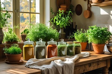 Sustainable kitchen interior, linen cloth, glass jars with spices, fresh herbs, green touches, natural textures