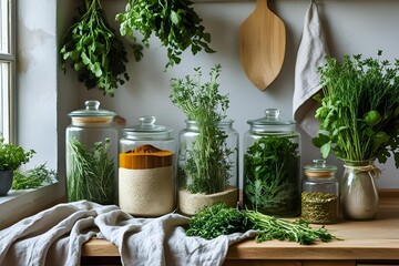 Sustainable kitchen interior, linen cloth, glass jars with spices, fresh herbs, green touches, natural textures