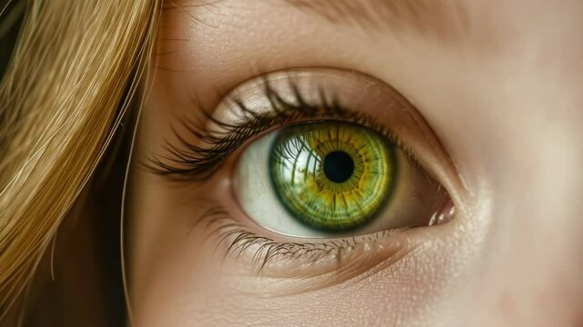 Close-up of a person's eye, focusing on the iris with a unique green color.
